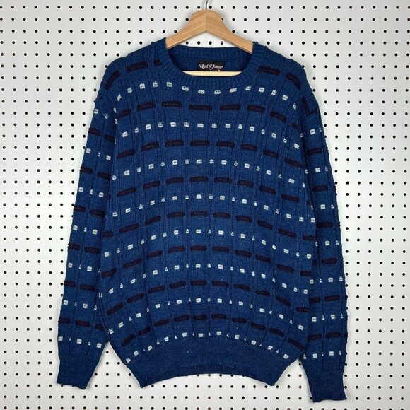 Reed St James Blue Knit Sweater Large Grandpa 90s USA Striped Pattern Chunky - Picture 1 of 6